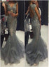 Beading Backless Mermaid V Neck Tulle Prom Dress LBQ3798